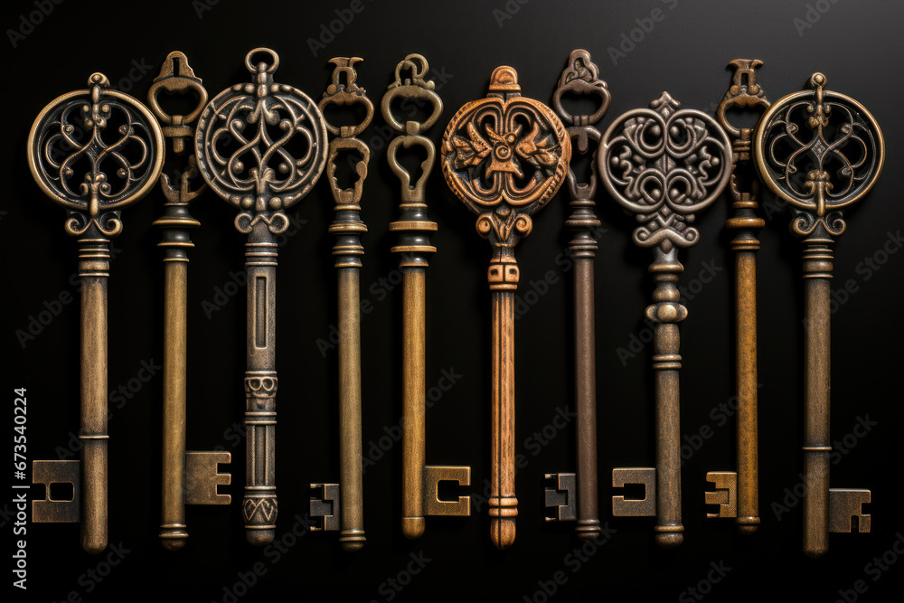 Poster a collection of antique keys, each with its own unique design and purpose. generative ai.