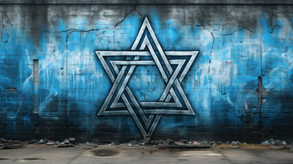Star of David painted on vintage building wall, symbol of Israel and on old house. Concept of...