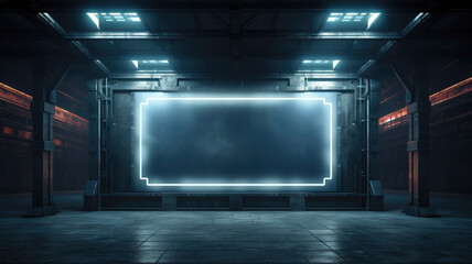 Blank billboard in dark city place like factory or subway, digital screen mockup with led light. Space for advertising in urban underground. Concept of industry, street, banner