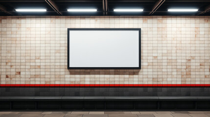 Blank billboard in subway station, poster mockup on tiled wall. Empty space for advertising in urban underground. Concept of metro, street, banner, background, template