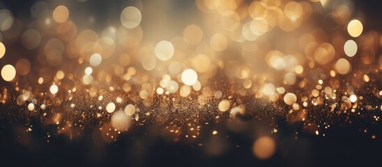 Fototapeta na wymiar Festive bokeh background with vintage lights in gold and black slightly blurred Featuring a night abstract atmosphere suitable for Christmas and New Year celebrations and offering space to a