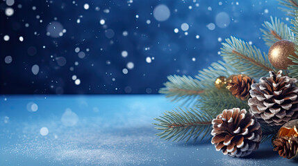 Fototapeta na wymiar Christmas card with tree branches and pine cones. Merry Xmas background with lights on blue snowy surface. Happy New Year.