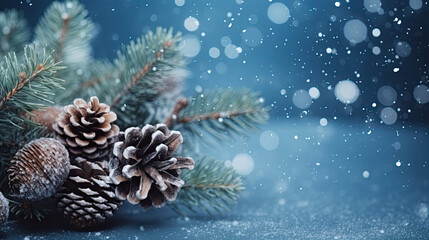 Fototapeta na wymiar Christmas card with tree branches and pine cones. Merry Xmas background with lights on blue snowy surface. Happy New Year.