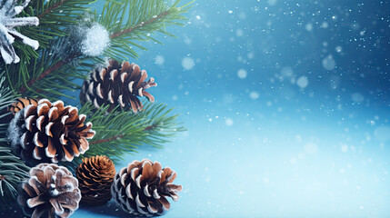 Obraz na płótnie Canvas Christmas card with tree branches and pine cones. Merry Xmas background with lights on blue snowy surface. Happy New Year.