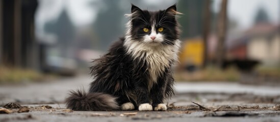 On the urban road there sits a fluffy cat without a home adorned with a coat of black and white fur and sporting vibrant yellow eyes - Powered by Adobe