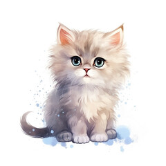 Kitty cartoon watercolor illustration, cute portrait of cat isolated on white background.