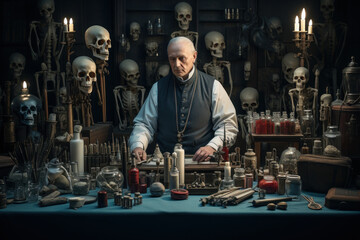 Fototapeta premium A medical practitioner with 18th-century surgical instruments, showcasing historical medical practices. Generative Ai.