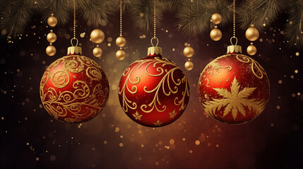 Christmas holiday concept banner with Christmas red and gold ornament balls, spruce, isolated on black background, copy space. Winter holidays, New Year. 16:9