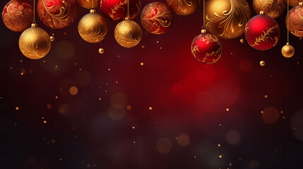 Christmas holiday concept banner with Christmas red and gold ornament balls,  isolated on dark red background, copy space. Winter holidays, New Year, 16:9