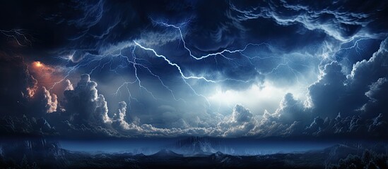 The sky filled with stormy clouds and bolts of lightning - obrazy, fototapety, plakaty