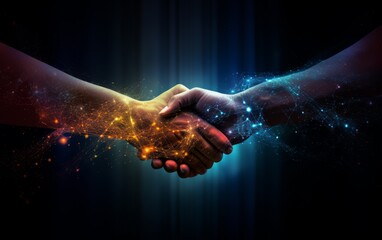 An abstract depiction of a handshake formed by digital particles, signifying partnership agreements and business deals in the digital era. - obrazy, fototapety, plakaty