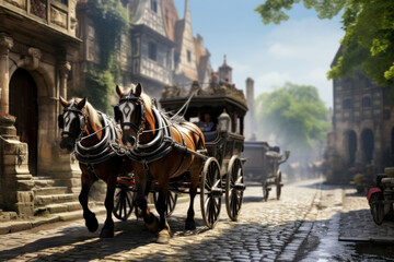 An 18th-century horse-drawn carriage traveling through a cobblestone street, depicting...