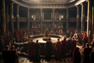 Roman senators deliberating in the Senate chamber, illustrating the political life of the Roman Republic. Generative Ai. - obrazy, fototapety, plakaty
