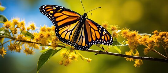 Monarch butterfly Danaus plexippus in Rondeau provincial park southwestern Ontario captured in close up before embarking on its migration - obrazy, fototapety, plakaty