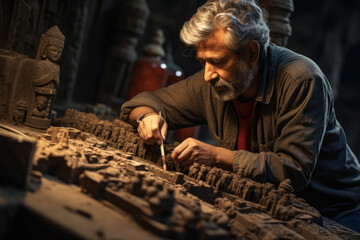 Indian artisans sculpting intricate stone carvings at Ellora, showcasing architectural and artistic excellence. Generative Ai.