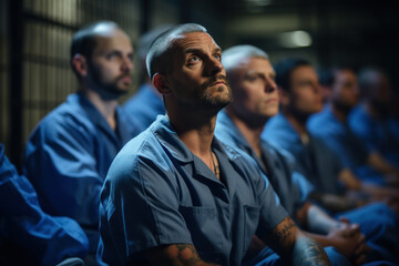 Fototapeta premium Incarcerated individuals participating in a theatrical performance within the prison, showcasing creative expression. Concept of prison theater programs. Generative Ai.