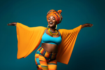 Body positivity: a joyful black woman dressed with colorful ethnic African attire inclusive of a traditional head wrap is smiling & dancing against a plain teal colored background