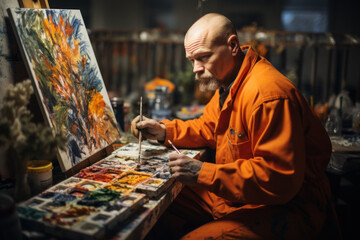A prison art class where inmates paint, sculpt, and draw as a form of creative therapy. Concept of...