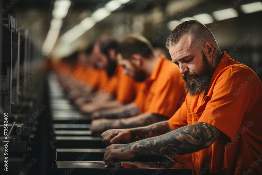 Aufkleber inmates working in a prison print shop, developing printing and design skills. concept of vocational
