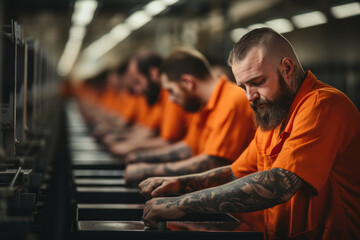Inmates working in a prison print shop, developing printing and design skills. Concept of...