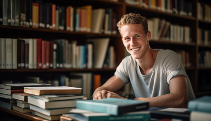 Handsome Young Man with Bright Smile Among Library Books in Library Setting