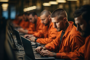 Fototapeta premium Inmates learning computer programming skills, preparing for future job opportunities upon release. Concept of technology training in prisons. Generative Ai.