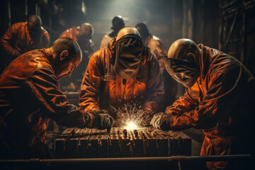 A prison welding class, teaching inmates valuable trade skills. Concept of vocational training in welding. Generative Ai. - obrazy, fototapety, plakaty