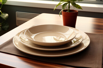 A plain ceramic plate and cutlery set, awaiting custom designs for a unique dining experience. Generative Ai.