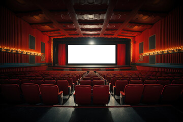 A blank movie theater screen before a premier, showcasing possibilities for upcoming film promotions. Generative Ai.