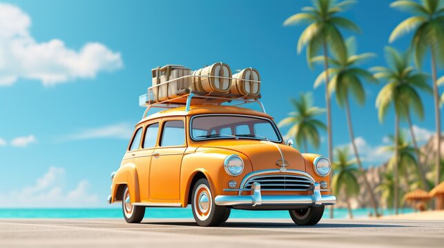 3d illustration retro car, summer beach vacation concept, suitcases and palm tree