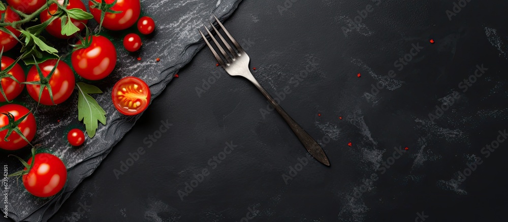 Poster on a dark stone background viewed from the top there are napkins cutlery and cherry tomatoes there i