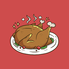 Thanksgiving roasted turkey meat with garnish cartoon vector illustration. Roasted whole turkey on a plate isolated. Cartoon roast turkey thanksgiving dinner vector illustration
