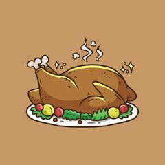 Thanksgiving roasted turkey meat with garnish cartoon vector illustration. Roasted whole turkey on a plate isolated. Roast turkey thanksgiving dinner cartoon vector illustration