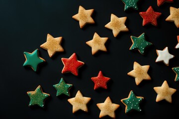 Many gingerbread cookies on black background. Traditional german xmas cinnamon stars with icing decoration. Christmas greeting card. Holiday baking concept. Top view flat lay with copy space