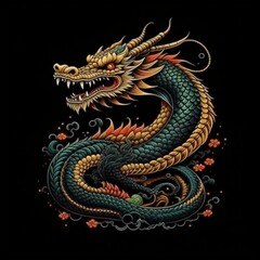 Chinese Year of the Dragon. Artistic pattern depicting a realistic oriental dragon on a black background. A powerful symbol of the 2024 New Year in the culture of the East. Illustration.
