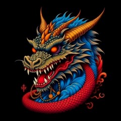 Chinese Year of the Dragon. Decorative pattern with the image of a realistic oriental dragon on a black background. A powerful symbol of the 2024 New Year in the culture of the East. Illustration.