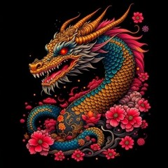 Chinese Year of the Dragon. An original pattern depicting a realistic oriental dragon on a black background. A powerful symbol of the 2024 New Year in the culture of the East. Illustration.