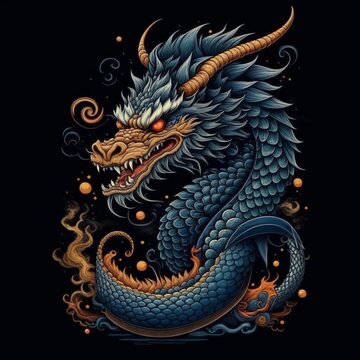 Chinese Year of the Dragon. Original creative pattern depicting a realistic oriental dragon on a black background. A powerful symbol of the 2024 New Year in the culture of the East. Illustration.
