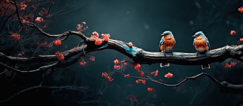 Feathered creatures perched atop branches within a wooded area © AkuAku