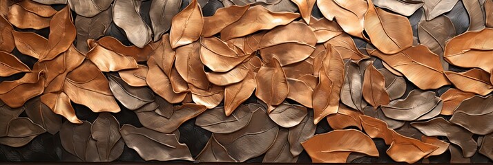 large piece of dark brown and gold leaves and bark, dark silver and light bronze, focus stacking, colorful layered forms, heavy use of palette knives, ceramic street art, generative AI - obrazy, fototapety, plakaty