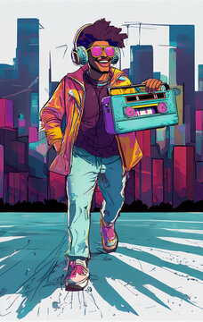 Ilustração de uma pessoa afro americano vestida com roupas dos anos 90 curtindo música em seu rádio de fita 