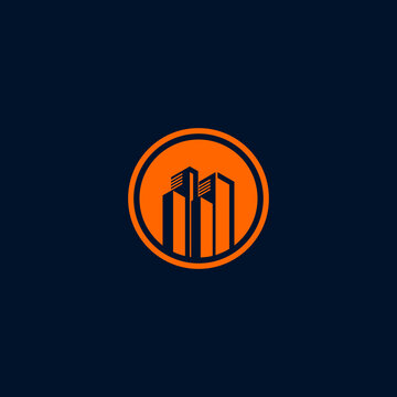 Real estate logo concept illustration. Building logo in classic graphic style. Cityscape logo
