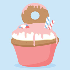 Sweet cupcake with chocolate. Vector illustration of dessert.
