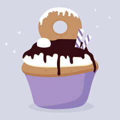 Sweet cupcake with chocolate. Vector illustration of dessert.