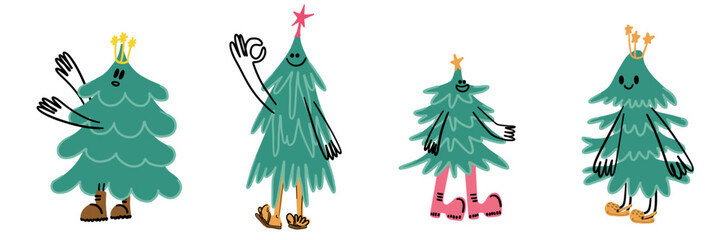 Funny Christmas Fir Tree Characters Set. Cute New Year Concept. Pine Tree with Smiley Face, Boots, and Hands. Happy Xmas graphic elements collection. Isolated Cartoon Hand Drawn Vector illustration