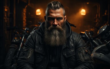 Obraz premium Young Bearded Biker Sitting on Motorcycle