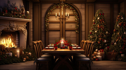 Fototapeta na wymiar Interior design of warm dinning room interior with christmas table, wooden console, christmas gifts, gingerbread, candle, star on wall christmas wreath and personal accessories. Home decor. Template. 
