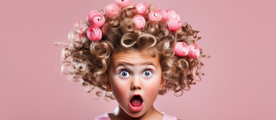 A young girl with her hair in rollers appears surprised