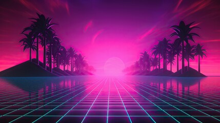 Fototapeta premium Retro synthwave futuristic neon landscape, vapor wave 80s volumetric background