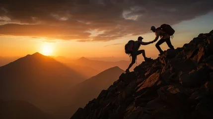 Tuinposter silhouette photo, Teamwork with man helping friend reach the mountain top, Business team, Goal, AIM, Successม  freedom, motivation, leader. © pinkrabbit